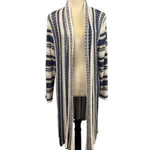 NorthStyle Knit Blue Tan Striped Duster Open Blazer Coastal Beachy Large Cottage